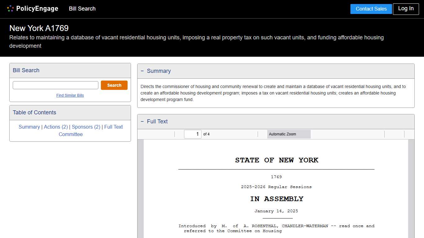 A1769 New York 2025-2026 Relates to maintaining a database of vacant residential housing units, imposing a real property tax on such vacant units, and funding affordable housing development - Legislative Tracking PolicyEngage